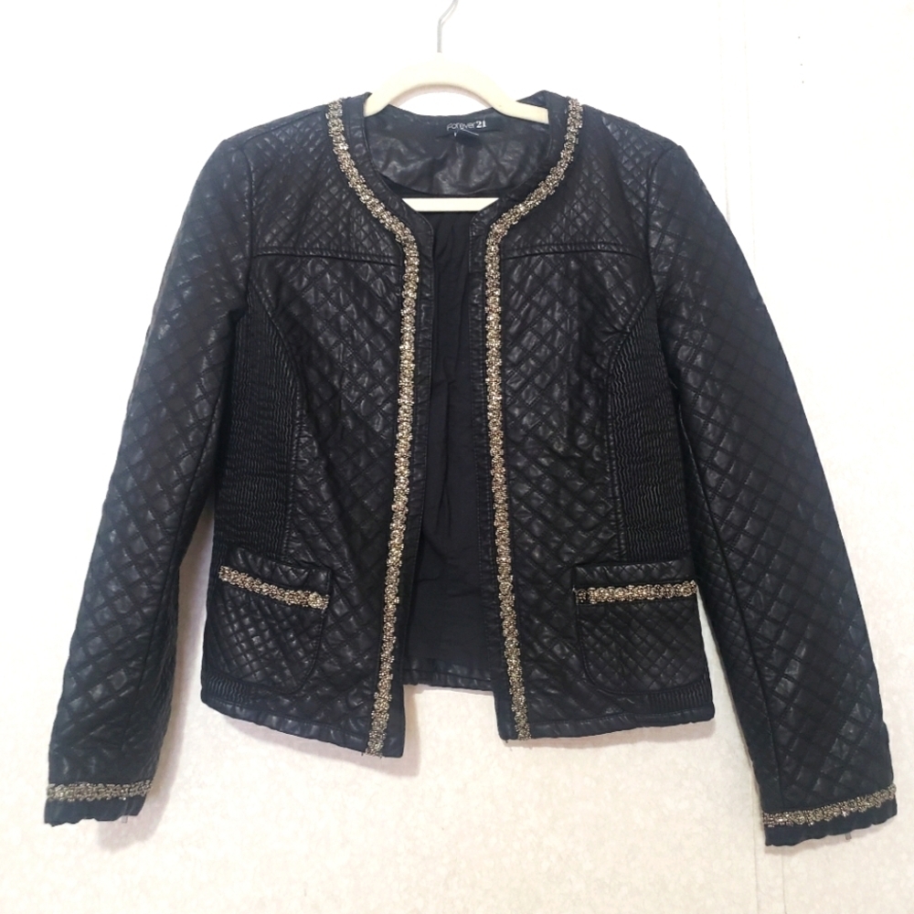 FOREVER 21 faux leather Chicwish Black Quilted Jacket with silver Trim...size:M